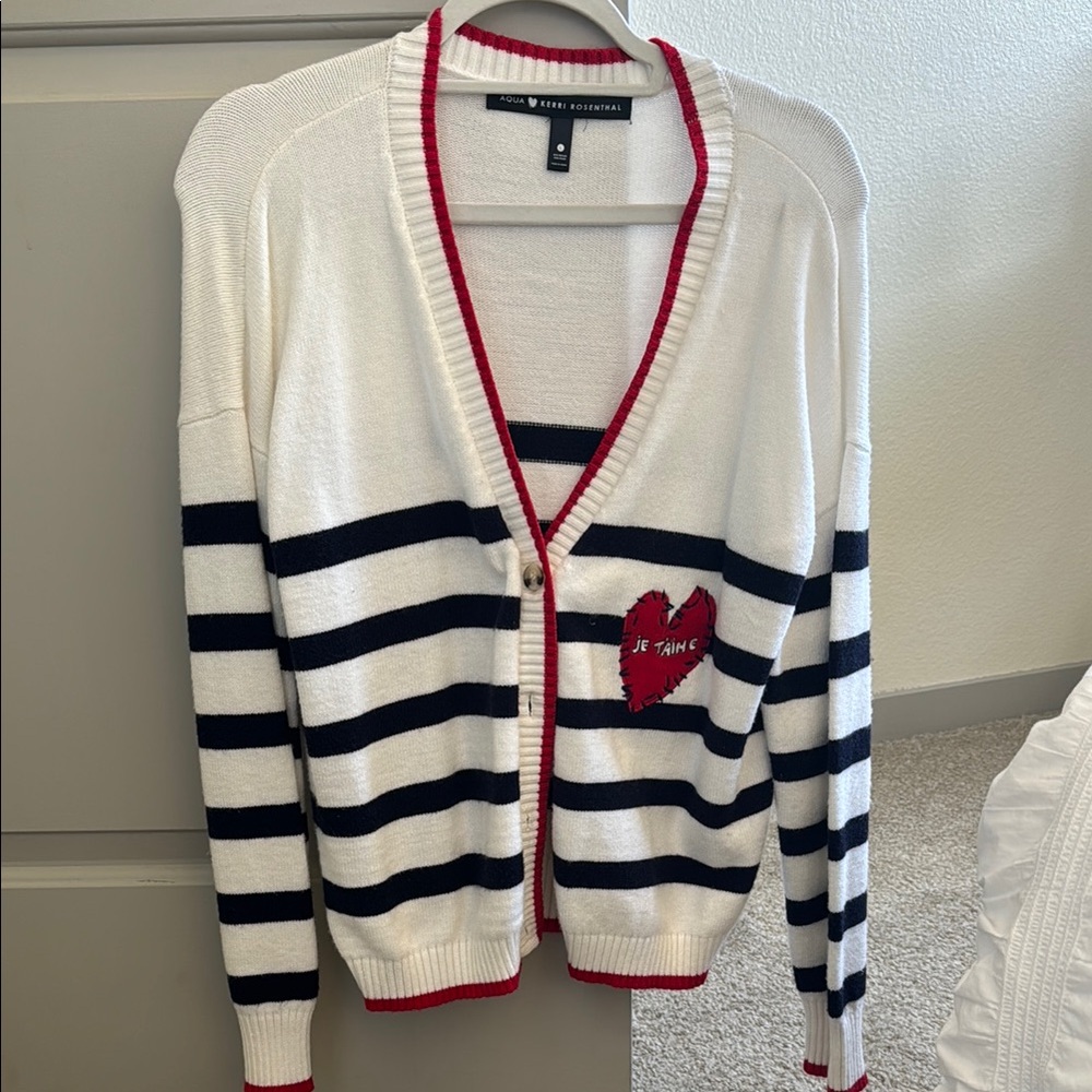 Aqua x Kerri Rosenthal Women's Striped Cardigan - White and Navy